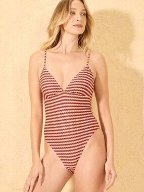 NEW Shade & Shore Geo Jacquard High Leg Cheeky Swimsuit - Red Multi - Size XL